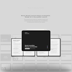 May include: A black and white digital mockup of a brand launch planner and checklist. The checklist is titled "Brand Launching Planner and Checklist" and is prepared for "[Business Name]".