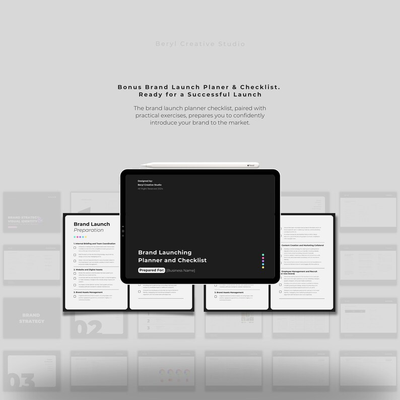 May include: A black and white digital mockup of a brand launch planner and checklist. The checklist is titled "Brand Launching Planner and Checklist" and is prepared for "[Business Name]".