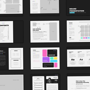 May include: A presentation template for a brand presentation. The template includes a mood board, color combinations, a showcase, and typography hierarchy. The template is designed in black and white with pops of color.