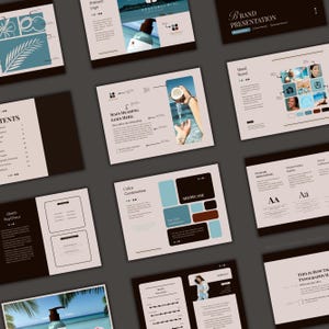 May include: A brand presentation mockup with a tropical theme. The presentation includes a mood board, color combinations, typography examples, and a showcase of the brand's logo and products. The brand name is "Nay Cheur".