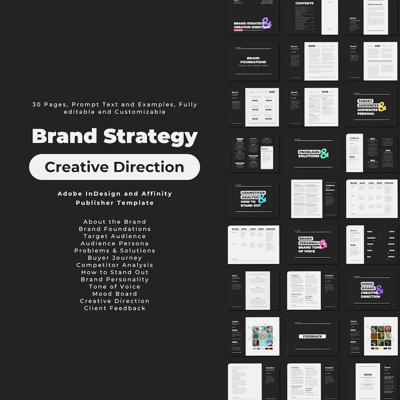 May include: A black and white graphic design template for a brand strategy and creative direction guide. The template includes sections for brand foundations, target audience, problems and solutions, competitor analysis, brand personality, tone of voice, mood board, creative direction, and client feedback.