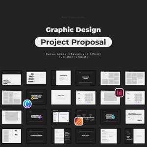 Könnte beinhalten: Eine Vorlage für einen Grafikdesign-Projektantrag für Canva, Adobe InDesign und Affinity Publisher. Die Vorlage enthält Abschnitte für die Projekteinleitung, den Inhalt, die vorherige Arbeit, das Kundenbriefing, den Zeitplan und den Workflow, die Kommunikation, die nächsten Schritte, das Projektbudget und die Servicegebühren sowie den Start.