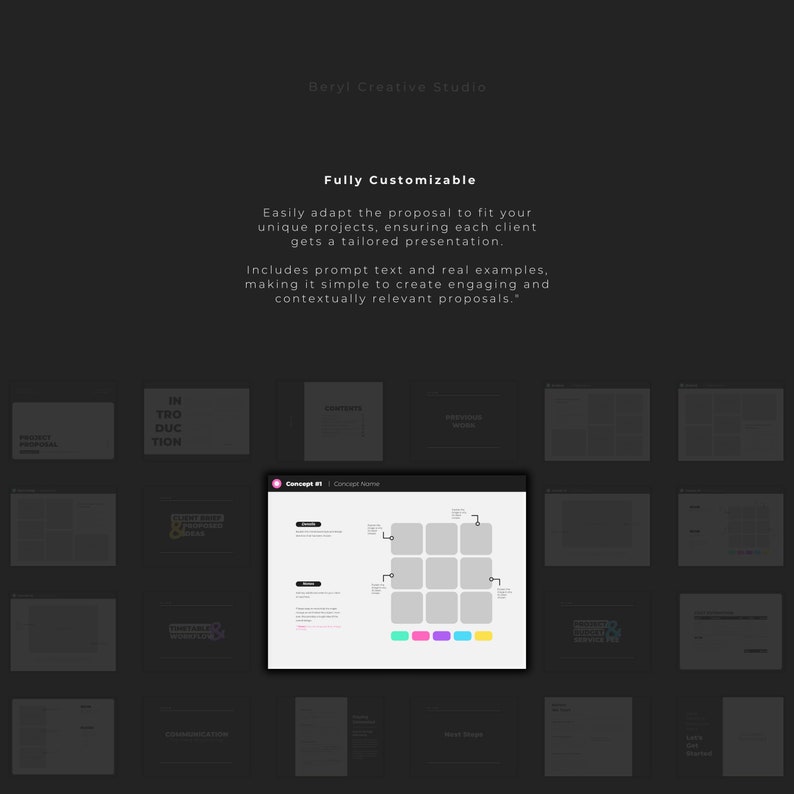 May include: A customizable proposal template with a grid layout. The template includes a section for "Concept Name" and a grid with colored boxes. The text "Fully Customizable" is at the top of the image.