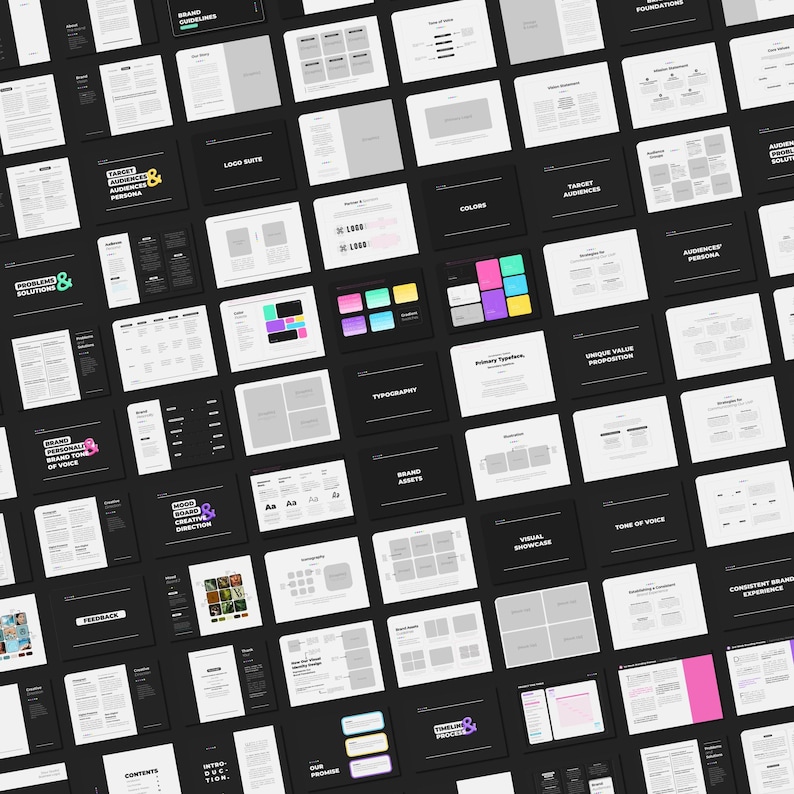 May include: A black and white grid of squares with text in each square. The text includes "Brand Guidelines", "Target Audiences", "Brand Personality & Tone of Voice", "Mood Board Creation", "Logo Suite", "Colours", "Typography", "Brand Assets", "Visual Showcase", "Tone of Voice", "Content Brand Experience", "Timeline & Projects", "Problems & Solutions", "Unique Value Proposition", "Audience Persona", "Our Promise", "Introduction", "Contents", "Feedback".