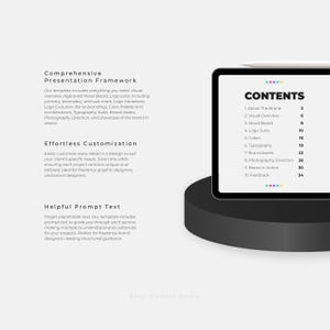 May include: A black tablet with a white screen displaying a presentation framework for brand designers. The screen shows a table of contents with headings like "About The Brand", "Visual Overview", "Mood Board", "Logo Suite", "Colors", "Typography", "Brand Assets", "Photography Direction", "Brand in Action", and "Feedback".