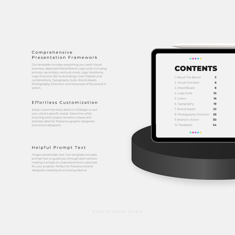 May include: A black tablet with a white screen displaying a presentation framework for brand designers. The screen shows a table of contents with headings like "About The Brand", "Visual Overview", "Mood Board", "Logo Suite", "Colors", "Typography", "Brand Assets", "Photography Direction", "Brand in Action", and "Feedback".