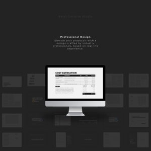 May include: A computer screen displaying a cost estimation template with a black and white design. The template includes a table with columns for service, description, quantity, rate, and amount. The text "COST ESTIMATION" is at the top of the template.