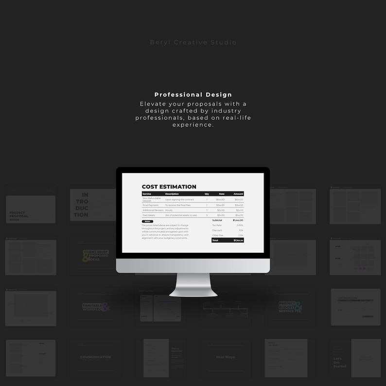 May include: A computer screen displaying a cost estimation template with a black and white design. The template includes a table with columns for service, description, quantity, rate, and amount. The text "COST ESTIMATION" is at the top of the template.