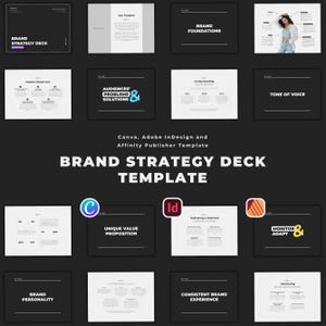 Op de afbeelding: Een sjabloon voor een merkstrategiedeck voor Canva, Adobe InDesign en Affinity Publisher. De sjabloon bevat dia's voor merkfundamenten, doelgroepen, problemen, oplossingen, unieke waardepropositie, merkpersoonlijkheid, consistente merkervaring, toon van stem en monitoren en aanpassen.