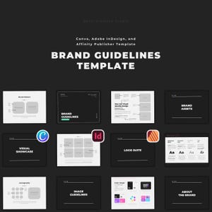 Könnte beinhalten: Eine Vorlage für Markenrichtlinien, die für Canva, Adobe InDesign und Affinity Publisher entwickelt wurde. Die Vorlage enthält Abschnitte für Markenmuster, visuelle Präsentation, Typografie, Bildrichtlinien, Farbverwendung, Logo-Suite, Markenressourcen und über die Marke.
