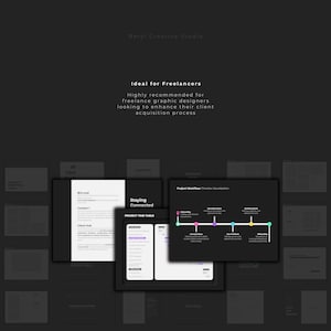 May include: A black and white graphic design template for freelancers. The template includes a project workflow timeline visualization, a project time table, and a section for client communication. The text "Staying Connected" is featured on the template.