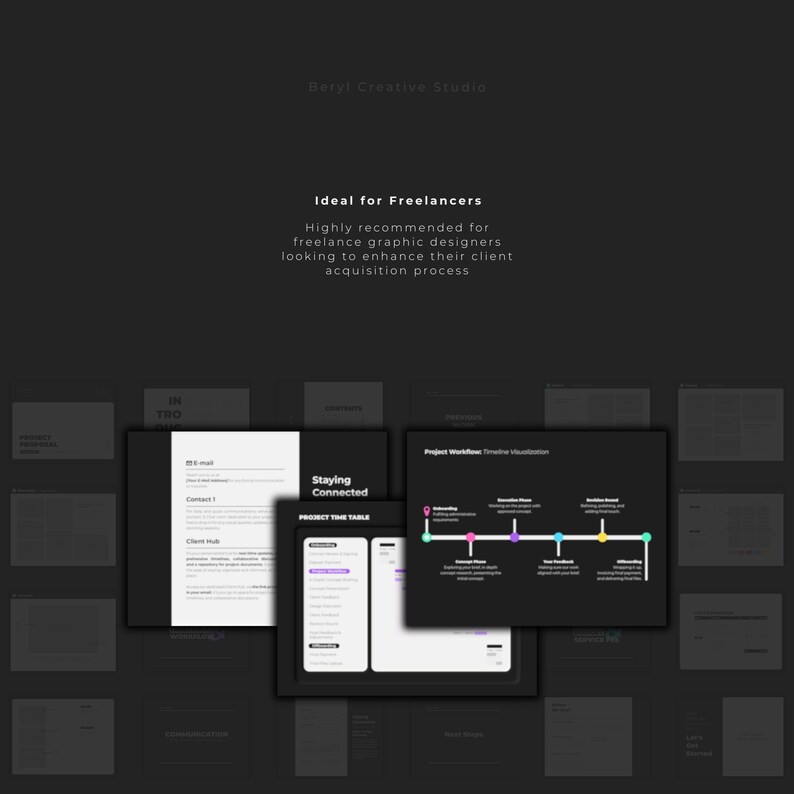 May include: A black and white graphic design template for freelancers. The template includes a project workflow timeline visualization, a project time table, and a section for client communication. The text "Staying Connected" is featured on the template.