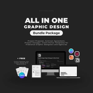 May include: A black and white graphic design bundle package with the text "ALL IN ONE GRAPHIC DESIGN Bundle Package". The bundle includes project proposal, contract agreement, project manager, client portal templates for freelance graphic designers and agencies. The bundle also includes a free invoice template and graphic design brief questionnaire.