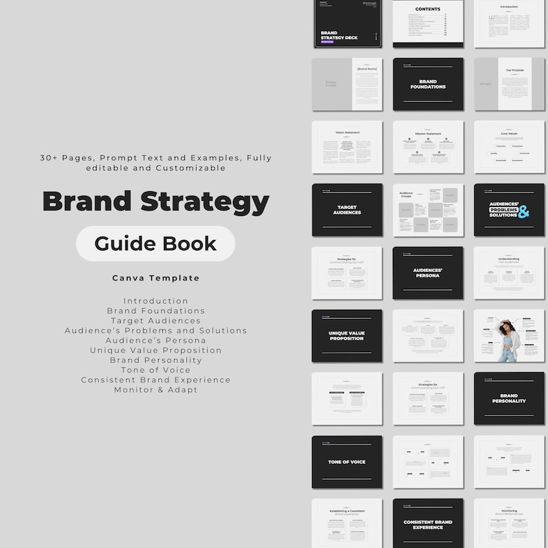 May include: A black and white guide book with the title "Brand Strategy Guide Book" and the text "Canva Template". The book includes sections on brand foundations, target audiences, unique value proposition, tone of voice, and consistent brand experience.