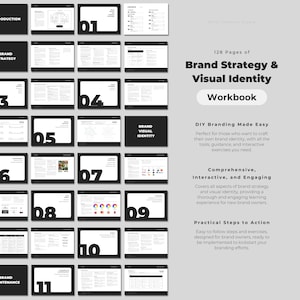 May include: A black and white workbook with the title "Brand Strategy & Visual Identity Workbook" and the text "128 Pages of DIY Branding Made Easy". The workbook is divided into 11 sections, each with a number and a title. The sections are: Introduction, Brand Strategy, Brand Visual Identity, Brand Maintenance.