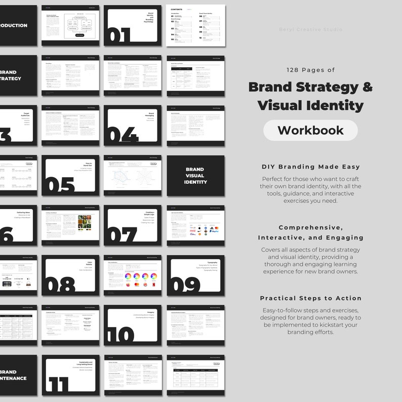 May include: A black and white workbook with the title "Brand Strategy & Visual Identity Workbook" and the text "128 Pages of DIY Branding Made Easy". The workbook is divided into 11 sections, each with a number and a title. The sections are: Introduction, Brand Strategy, Brand Visual Identity, Brand Maintenance.