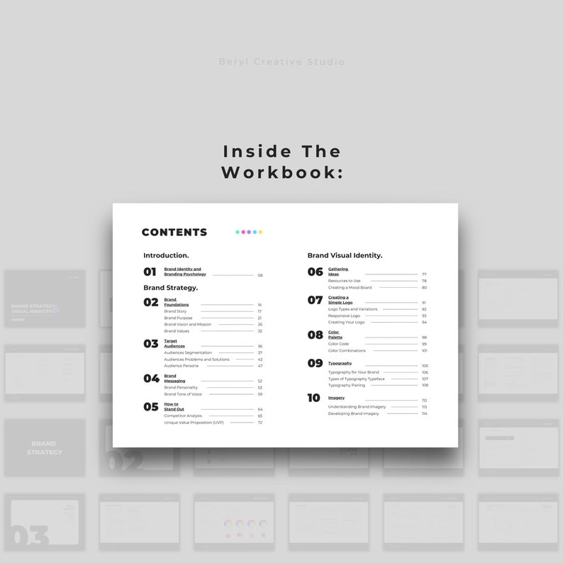 May include: A black and white workbook titled "Inside The Workbook" with a table of contents listing topics related to brand strategy and visual identity. The topics include brand identity, brand strategy, target audiences, messaging, brand tone of voice, competition analysis, gathering ideas, creating a mood board, logo types and variations, color palettes, typography, and imagery.