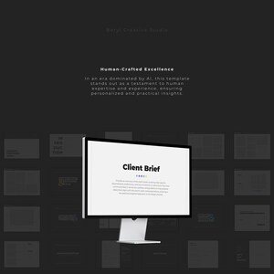 May include: A computer screen displaying a client brief template with the title "Client Brief" in a black and white design. The template is designed to help businesses gather information from clients and ensure a successful project.