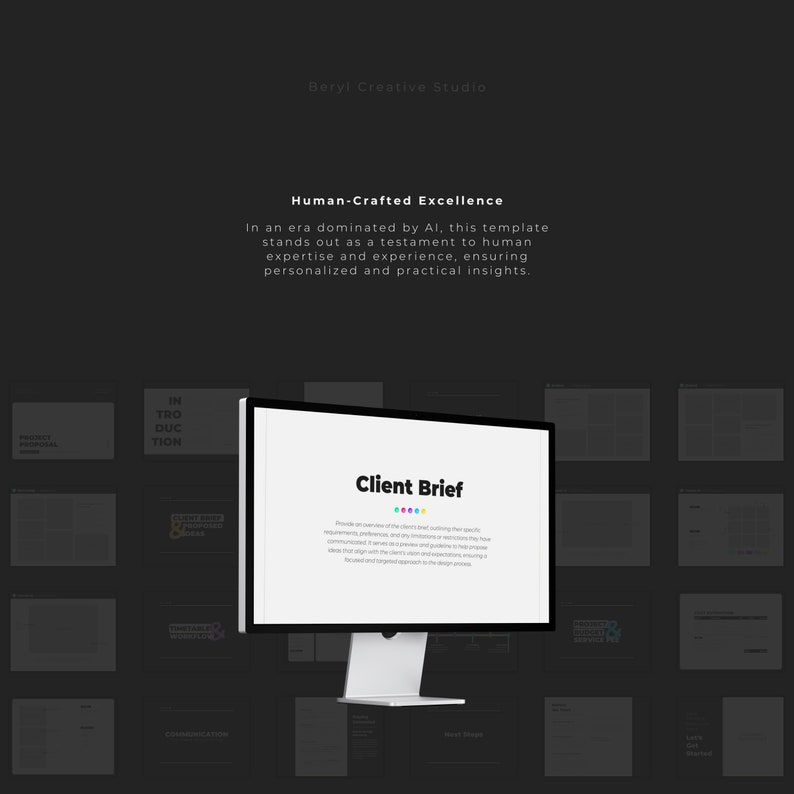 May include: A computer screen displaying a client brief template with the title "Client Brief" in a black and white design. The template is designed to help businesses gather information from clients and ensure a successful project.
