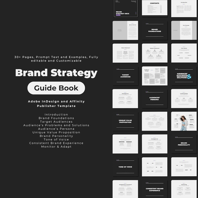 May include: A black and white guide book with the title "Brand Strategy Guide Book" and the text "Adobe InDesign and Affinity Publisher Template". The book includes sections on brand foundations, target audiences, unique value proposition, tone of voice, and consistent brand experience.