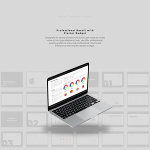 May include: A laptop computer displaying a presentation about color theory and brand strategy. The presentation includes a color wheel and examples of different color palettes. The laptop is on a white background with a grid of squares behind it.