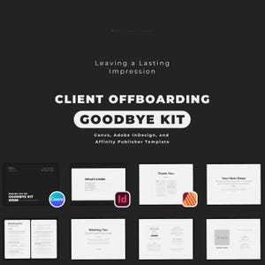 Zestaw do wysyłania/pożegnania Canva, Adobe InDesign i Affinity Publisher Szablon dla niezależnego projektanta marki: profesjonalny klient Offboarding