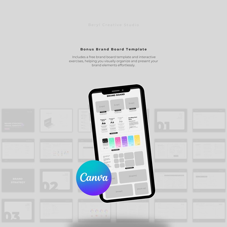 May include: A smartphone mockup displaying a Canva brand board template with sections for brand colors, fonts, and logo variations. The template is titled "Brand Board" and is designed to help visually organize and present brand elements.