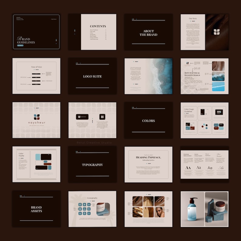 May include: Brand guidelines for a company called "naycheur". The document includes information about the brand's logo, colors, typography, and assets. The logo is a square with four smaller squares inside, arranged in a grid pattern. The colors are a light blue, a dark blue, a light brown, and a dark brown. The typography is a sans-serif font. The assets include a bottle of lotion, a jar of cream, and a piece of fabric.