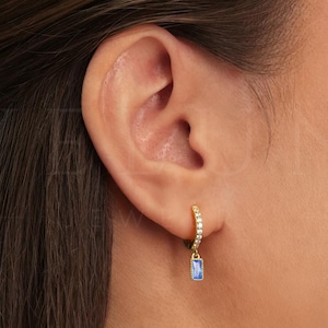 HOOPS: Aquamarine Paved Dangle Hoop Earrings • Birthstone Earrings • Gift For Her • Birthstone Jewelry • Gold Hoop Earrings