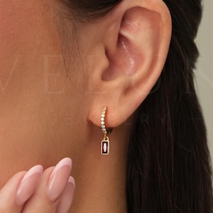 HOOPS: Ruby Paved Dangle Hoop Earrings • Ruby Earring • Birthstone Earrings • Gift For Her • Birthstone Jewelry • Gold Hoop Earrings