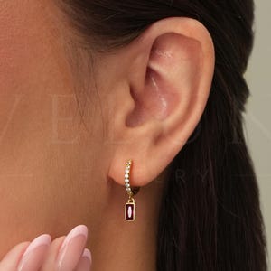 HOOPS: Ruby Paved Dangle Hoop Earrings • Ruby Earring • Birthstone Earrings • Gift For Her • Birthstone Jewelry • Gold Hoop Earrings