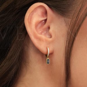 HOOPS: Black Onyx Paved Dangle Hoop Earrings • Black Earring • Birthstone Earrings • Gift For Her • Birthstone Jewelry • Gold Hoop Earrings