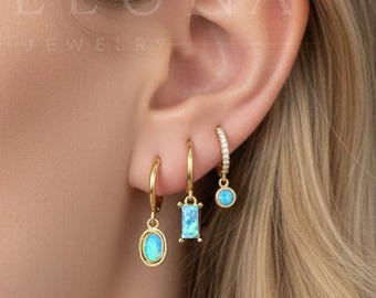 HOOPS: Blue Opal Charm Hoop Earrings • Blue Opal Dangle Earrings • Opal Jewelry • Gift For Her • Minimalist Earrings • Gold Hoop Earrings