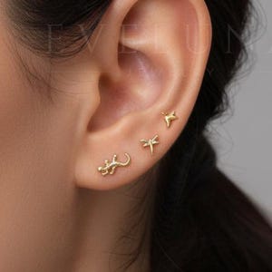 Pode incluir: Close-up de uma orelha adornada com três brincos de ouro. Os brincos incluem um lagarto, uma libélula e uma estrela. O fundo é neutro.