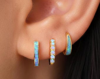 HOOPS: Blue Fire Opal Huggie Hoop Earrings • Opal Inlay Earrings • Opal Jewelry • Gift For Her • Minimalist Earrings • Gold Hoop Earrings