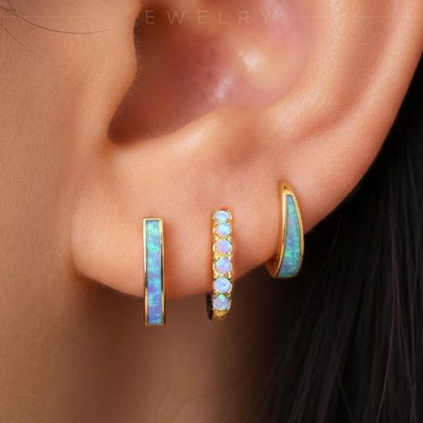 HOOPS: Blue Fire Opal Huggie Hoop Earrings • Opal Inlay Earrings • Opal Jewelry • Gift For Her • Minimalist Earrings • Gold Hoop Earrings