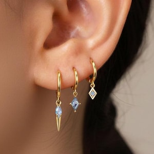HOOPS: Blue Zircon Charm Hoop Earrings • Zircon Earrings • Birthstone Earrings • Gift For Her • Gemstone Charm Earrings • Gold Hoop Earrings 画像 1