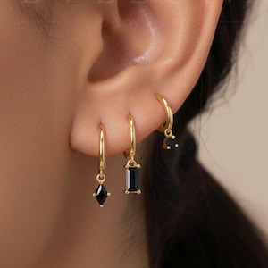 Boucles D'oreilles Anciennes - Onyx Noir Et Cristal - Monture Plaqué Or Et Argent - Clous - Occasion Vintage