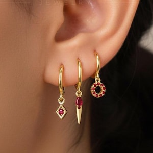 HOOPS: Ruby Charm Hoop Earrings • Ruby Earrings • Birthstone Earrings • Gift For Her • Gemstone Charm Earrings • Gold Hoop Earrings