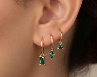 HOOPS: Emerald Dangle Hoop Earrings • Emerald Earrings • Birthstone Earrings • Gift For Her • Gemstone Earrings • Gold Hoop Earrings