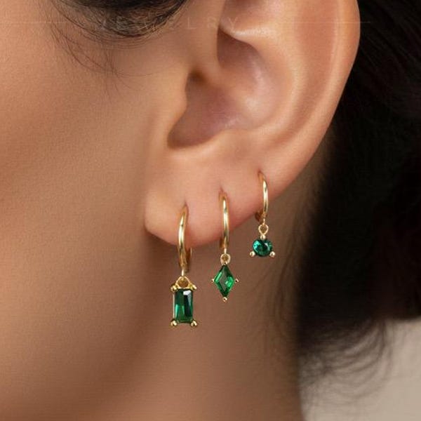 HOOPS: Emerald Dangle Hoop Earrings • Emerald Earrings • Birthstone Earrings • Gift For Her • Gemstone Earrings • Gold Hoop Earrings