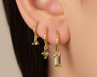 HOOPS: Peridot Dangle Hoop Earrings • Peridot Earrings • Birthstone Earrings • Gift For Her • Gemstone Earrings • Gold Hoop Earrings