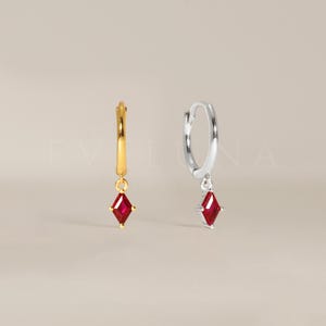HOOPS: Ruby Gemstone Dangle Hoop Earrings • Ruby Birthstone Earrings • Gift For Her • Birthstone Jewelry • Gold Hoop Earrings