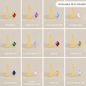 Może przedstawiać: Zestaw 14 złotych kolczyk&oacute;w do nosa z r&oacute;żnokolorowymi kwadratowymi kamieniami szlachetnymi. Kamienie szlachetne to granat, ametyst, akwamaryn, diament, szmaragd, aleksandryt, rubin, perydot, szafir, r&oacute;żowy turmalin, topaz i niebieski cyrkon.