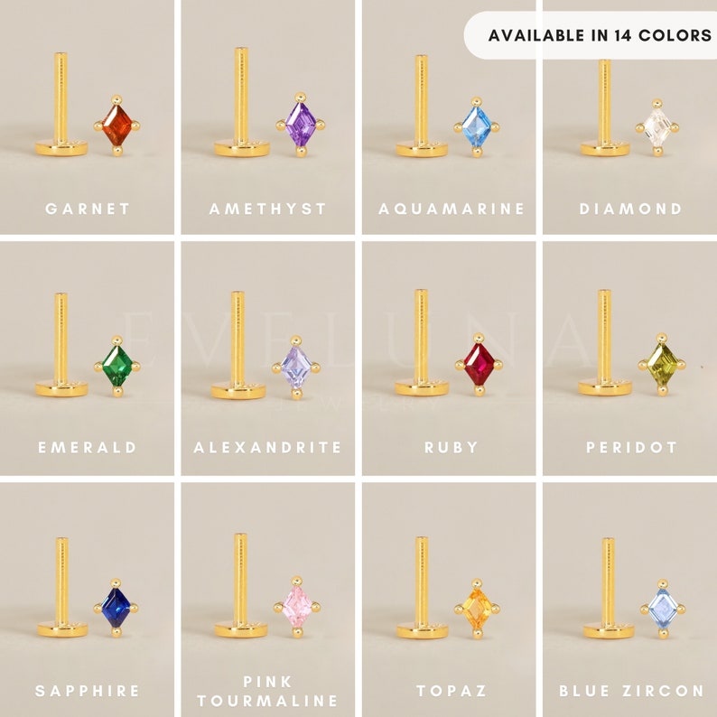 Może przedstawiać: Zestaw 14 złotych kolczyk&oacute;w do nosa z r&oacute;żnokolorowymi kwadratowymi kamieniami szlachetnymi. Kamienie szlachetne to granat, ametyst, akwamaryn, diament, szmaragd, aleksandryt, rubin, perydot, szafir, r&oacute;żowy turmalin, topaz i niebieski cyrkon.