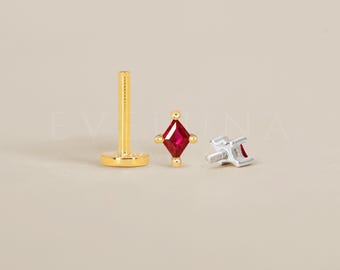 FLAT BACK: Ruby Flat Back Labret • Cartilage Stud • Helix Earring • Conch Piercing • Tragus Stud • Birthstone Earrings