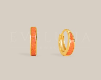 HOOPS: Orange Fire Opal Huggie Hoop Earrings • Red Opal Inlay Earrings • Opal Jewelry • Gift For Her • Minimalist Earrings