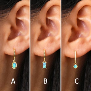 HOOPS: Blue Opal Charm Hoop Earrings • Blue Opal Dangle Earrings • Opal Jewelry • Gift For Her • Minimalist Earrings • Gold Hoop Earrings