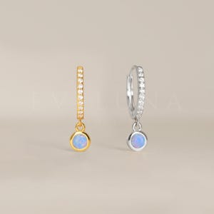 HOOPS: Blue Opal Gemstone Dangle Hoop Earrings • Opal Earrings • Gift For Her • Minimalist Earrings • Bridesmaid Gift • Opal Huggie Hoops