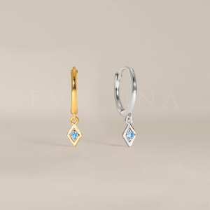 HOOPS: Aquamarine Charm Gold Hoop Earrings • Birthstone Earrings • Gift For Her • Birthstone Jewelry • Dangle Hoops